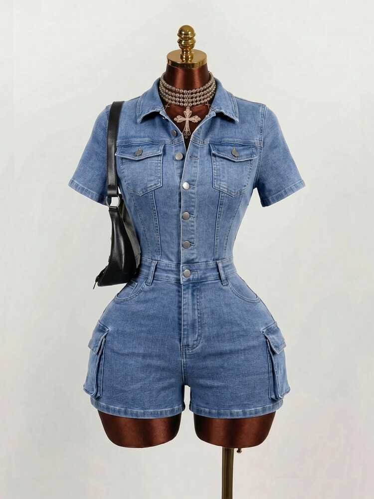 Mistrie Women's Fashion Versatile Casual Streetwear Button Short Sleeve Denim Utility Romper Going Out Holiday Aqua Blue Summer - Blue - View 1