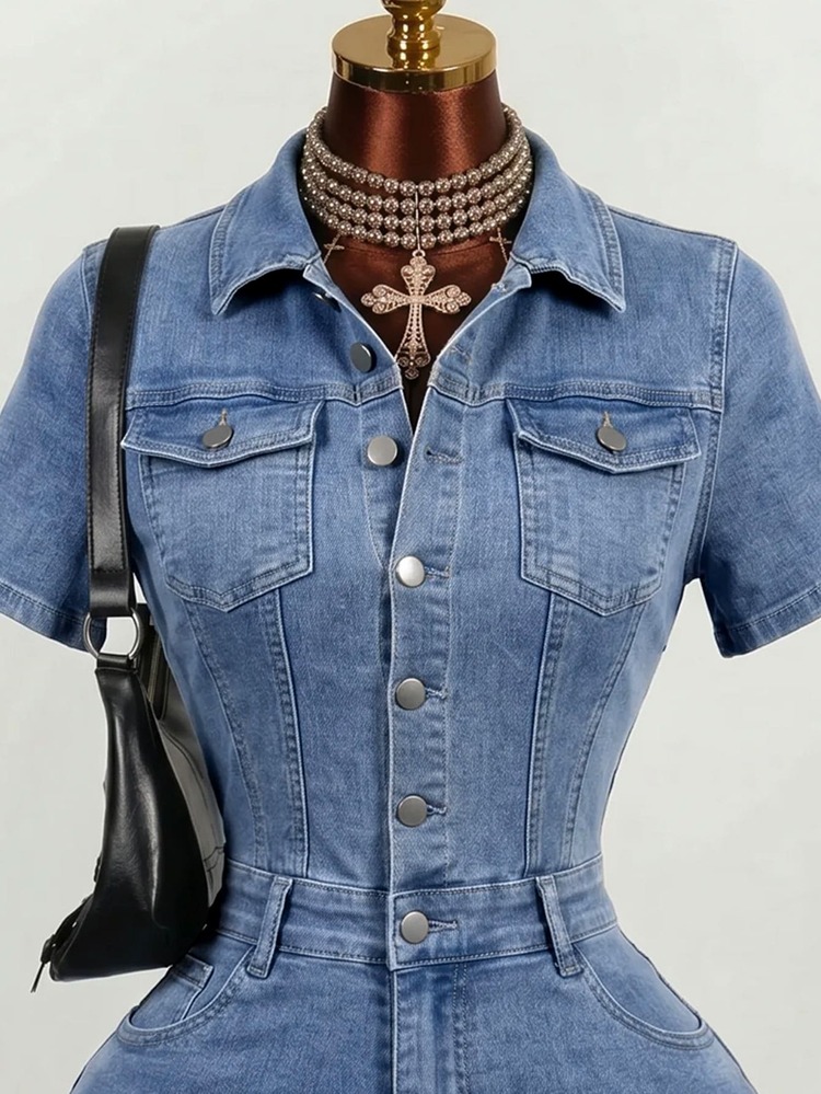 Mistrie Women's Fashion Versatile Casual Streetwear Button Short Sleeve Denim Utility Romper Going Out Holiday Aqua Blue Summer - Blue - View 4
