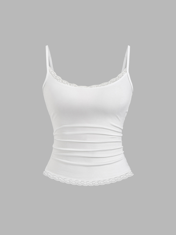 Sweetra Women's Solid Color Contrast Lace Fitted Camisole - Multicolor - View 5