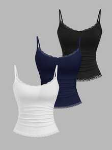Sweetra Women's Solid Color Contrast Lace Fitted Camisole - Multicolor - View 4