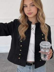 SHEIN Girlism Kids Teen Girls Jackets Black Cropped Utility-Style Autumn/Winter Jacket, Featuring Metal Toggle Closures And Napoleonic-Style Buttons,Back To School - Black - View 4