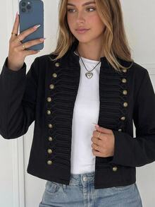 SHEIN Girlism Kids Teen Girls Jackets Black Cropped Utility-Style Autumn/Winter Jacket, Featuring Metal Toggle Closures And Napoleonic-Style Buttons,Back To School - Black - View 3