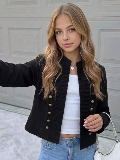 SHEIN Girlism Chaquetas para niñas y adolescentes, estilo utilitario corto en color negro, para otoño/invierno, con cierres de botones metálicos y botones de estilo napoleónico, para la vuelta al colegio