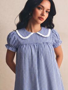 Poéselle Women's Plaid Pleated Casual Daily Mini Dress - Navy Blue - View 6