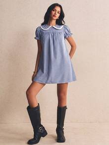 Poéselle Women's Plaid Pleated Casual Daily Mini Dress - Navy Blue - View 4