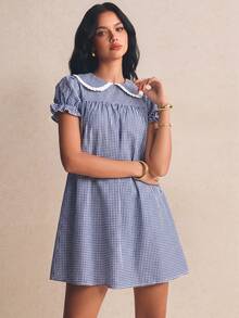 Poéselle Women's Plaid Pleated Casual Daily Mini Dress - Navy Blue - View 5