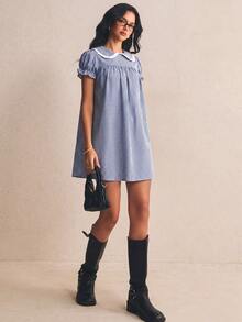 Poéselle Women's Plaid Pleated Casual Daily Mini Dress - Navy Blue - View 2
