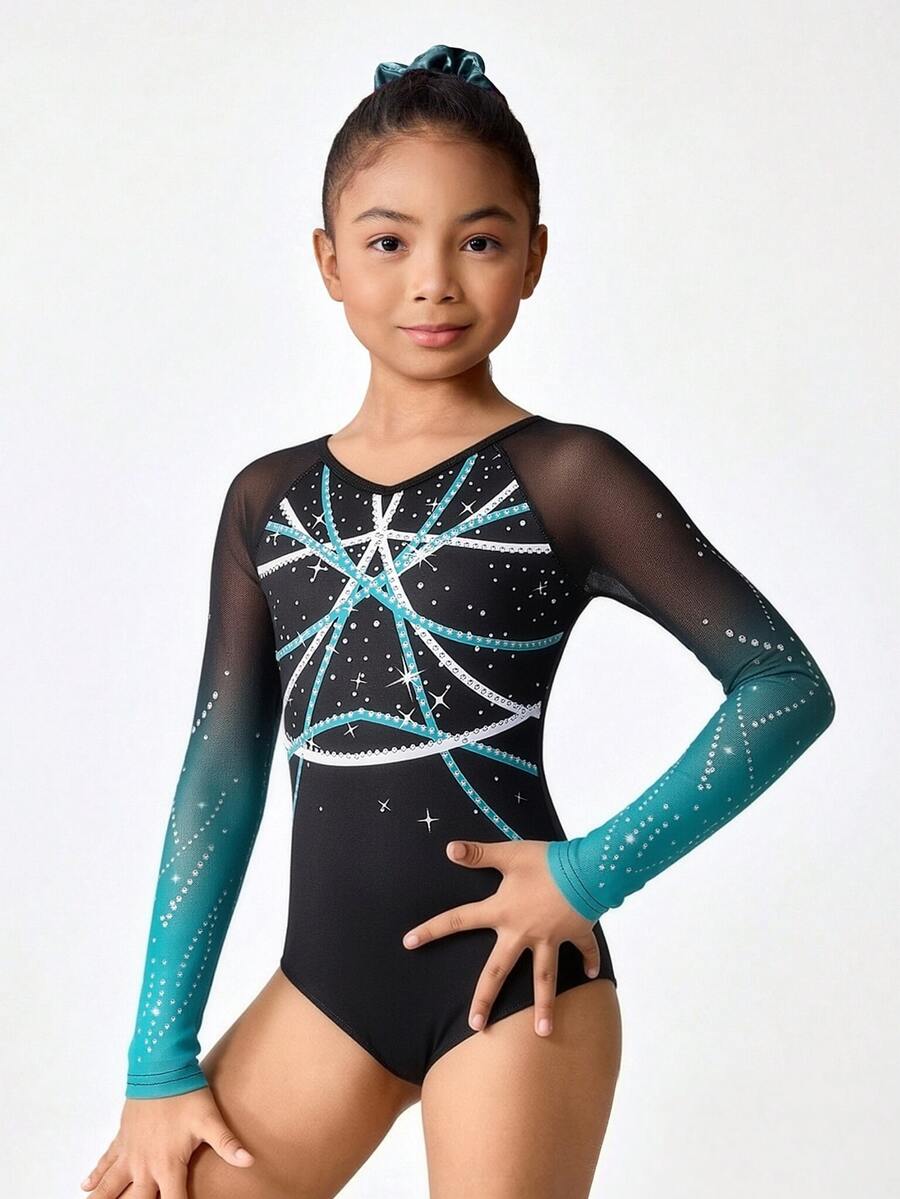 SHEIN 運動學校舞蹈高彈性女童紫色 Vi Baby Ummer 品牌圖案閃亮水鑽連身緊身衣