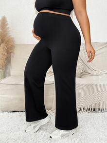 Plussiva Plus Size Maternity Solid Adjustable Waistband Flare Leg Pants - Black - View 6