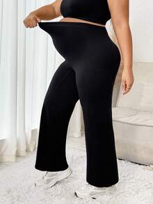 Plussiva Plus Size Maternity Solid Adjustable Waistband Flare Leg Pants - Black - View 2