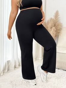 Plussiva Plus Size Maternity Solid Adjustable Waistband Flare Leg Pants - Black - View 7