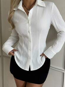 SHEIN EZwear 女款純色長袖單排扣休閒襯衫 - 白色 - 查看 4
