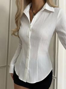 SHEIN EZwear 女款純色長袖單排扣休閒襯衫 - 白色 - 查看 3