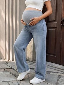 SHEIN Celana Jeans Denim Kasual Kaki Lebar dengan Pinggang yang Dapat Diatur untuk Ibu Hamil - Medium Wash - View 9