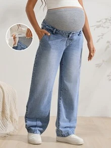 SHEIN Celana Jeans Denim Kasual Kaki Lebar dengan Pinggang yang Dapat Diatur untuk Ibu Hamil - Medium Wash - View 10