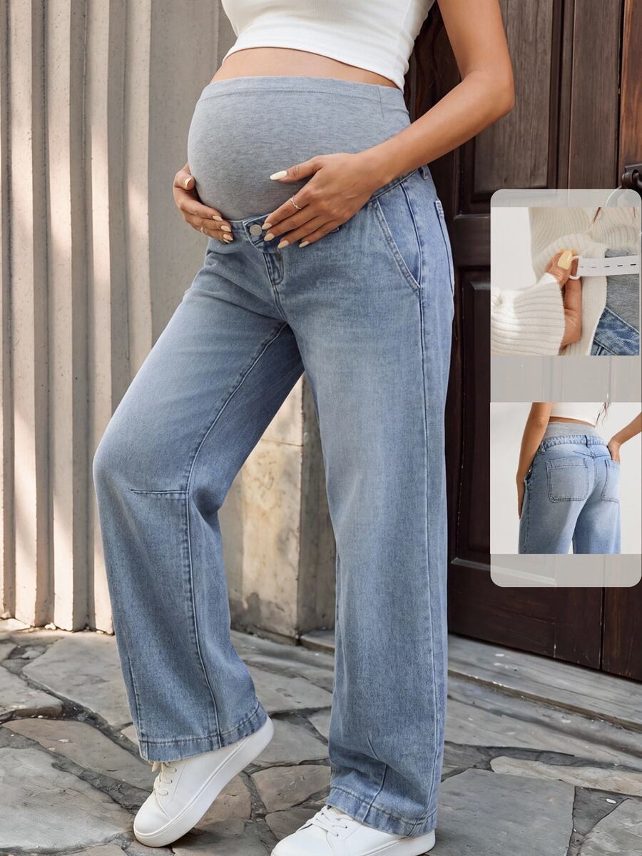 SHEIN Maternity Adjustable Waist Wide Leg Casual Denim Jeans - Medium Wash - View 1
