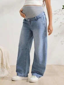 SHEIN Celana Jeans Denim Kasual Kaki Lebar dengan Pinggang yang Dapat Diatur untuk Ibu Hamil - Medium Wash - View 4