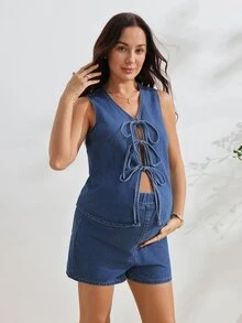 SHEIN Maternity Front Tie Vest And Shorts Casual Denim Set Formal Sky Blue Summer - Dark Wash - View 5