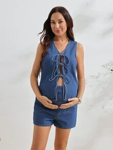SHEIN Maternity Front Tie Vest And Shorts Casual Denim Set Formal Sky Blue Summer - Dark Wash - View 3