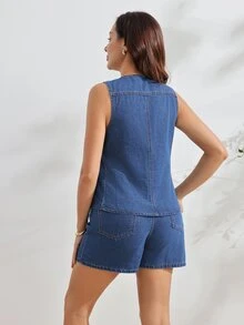 SHEIN Maternity Front Tie Vest And Shorts Casual Denim Set Formal Sky Blue Summer - Dark Wash - View 2