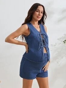 SHEIN Maternity Front Tie Vest And Shorts Casual Denim Set Formal Sky Blue Summer - Dark Wash - View 4