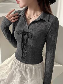 DAZY 秋季深灰色繫帶拼接 Polo 衫，適合婚禮、夜生活、派對，修身優雅哥德風長袖女款 T-shirt 可愛上衣 - 深灰色 - 查看 2