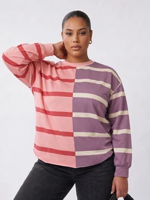 Solavibe Plus Size Women's Striped Colorblock Casual Baggy Everyday Long Sleeve Sweatshirt Autumn Formal Vacation Business Pink - Multicolor - View 3