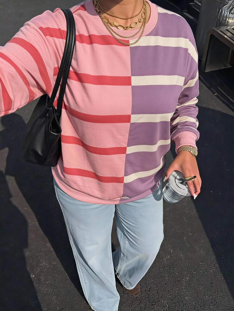 Solavibe Plus Size Women's Striped Colorblock Casual Baggy Everyday Long Sleeve Sweatshirt Autumn Formal Vacation Business Pink