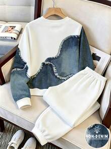 Boys Fall White Blue Color Block Letter Print Sweaters Set Long Sleeve Loose Streetwear Ribbed Cuffs Casual Tops Shirts Outfits - Multicolor - View 3