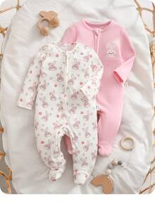 Newborn Baby Girl Cute Casual Knit Cartoon Pattern Long Sleeve Romper Home Wear 2pcs Set - Baby Pink - View 3