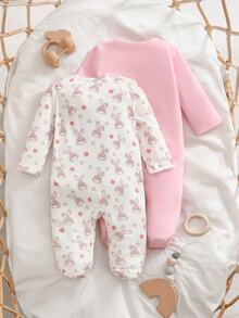 Newborn Baby Girl Cute Casual Knit Cartoon Pattern Long Sleeve Romper Home Wear 2pcs Set - Baby Pink - View 2