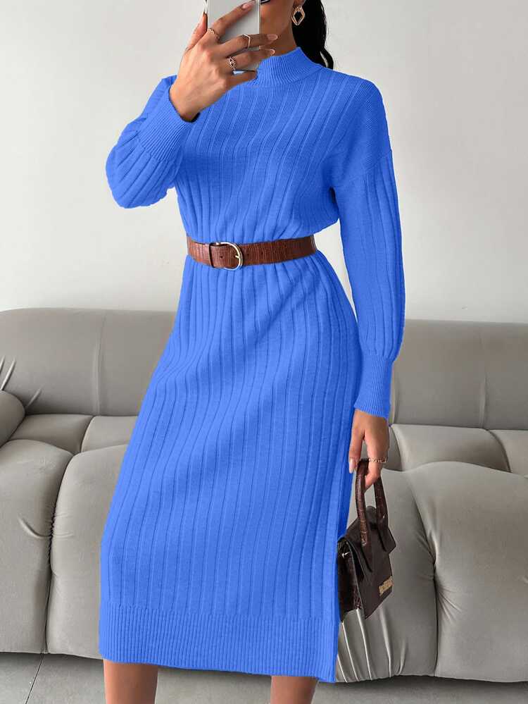 EURMUSE Women's Solid Color Stand Collar Drop Shoulder Long Sleeve Casual Knit Dress,Petite - Blue - View 6