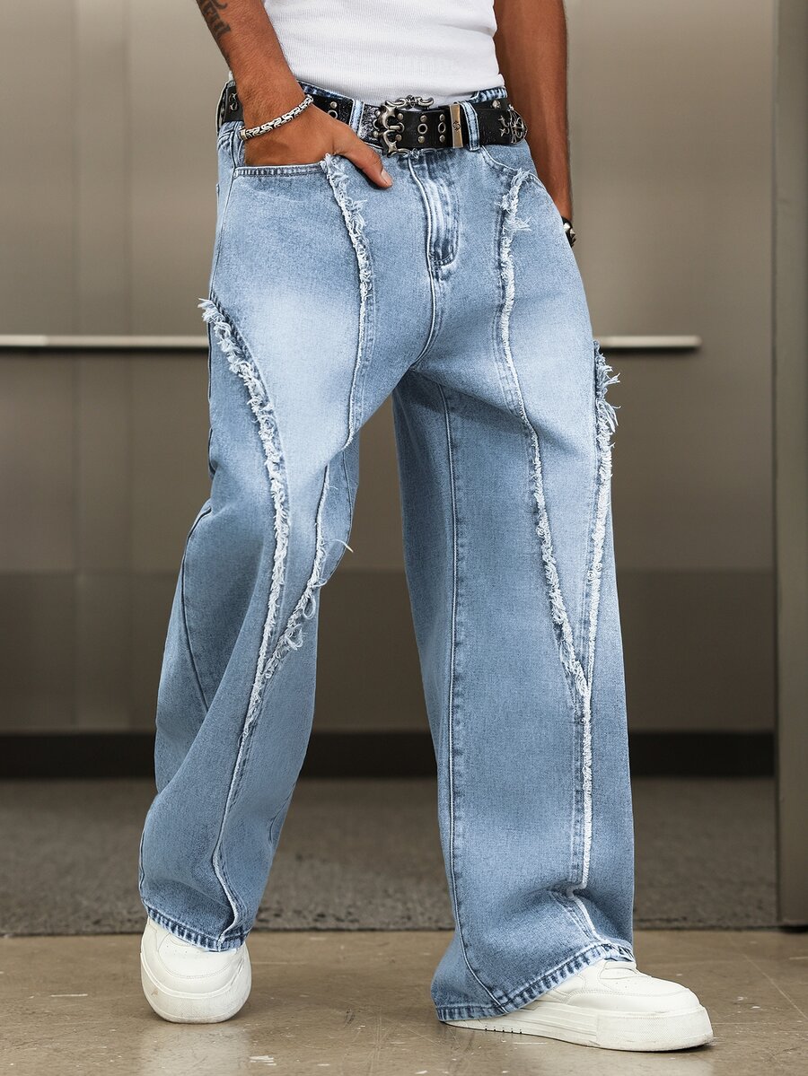 Manfinity EMRG Men Raw Trim Straight Leg Jeans Without Belt - Light Wash - View 1