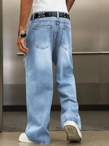 Manfinity EMRG Men Raw Trim Straight Leg Jeans Without Belt - Light Wash - View 2