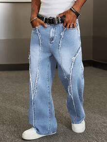 Manfinity EMRG Men Raw Trim Straight Leg Jeans Without Belt - Light Wash - View 3