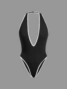 Coolane Women's Plus Size Summer Fall Sexy Streetwear Party Going Out Y2K Vintage Chic Colorblock Trim Backless Halter Black And White Bodysuit - Black and White - View 4