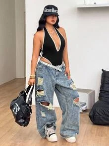Coolane Women's Plus Size Summer Fall Sexy Streetwear Party Going Out Y2K Vintage Chic Colorblock Trim Backless Halter Black And White Bodysuit - Black and White - View 3