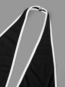 Coolane Women's Plus Size Summer Fall Sexy Streetwear Party Going Out Y2K Vintage Chic Colorblock Trim Backless Halter Black And White Bodysuit - Black and White - View 6