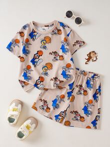 LOONEY TUNES X SHEIN Young Boys Crew Neck Short Sleeve Cute Cartoon Print Summer T-Shirt Set - Multicolor - View 1
