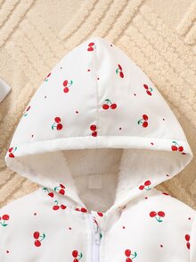 SHEIN 女童 4-7 歲可愛櫻桃圖案保暖內裡連帽外套，秋冬百搭日常保暖長袖鋪棉外套 - 白色 - 查看 6