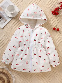 SHEIN 女童 4-7 歲可愛櫻桃圖案保暖內裡連帽外套，秋冬百搭日常保暖長袖鋪棉外套 - 白色 - 查看 5