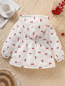 SHEIN 女童 4-7 歲可愛櫻桃圖案保暖內裡連帽外套，秋冬百搭日常保暖長袖鋪棉外套 - 白色 - 查看 3