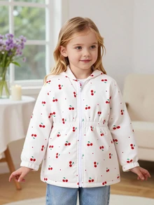 SHEIN 女童 4-7 歲可愛櫻桃圖案保暖內裡連帽外套，秋冬百搭日常保暖長袖鋪棉外套 - 白色 - 查看 11