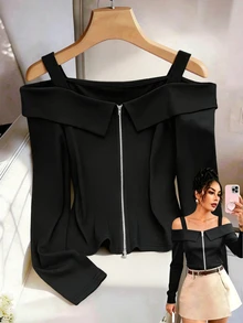 Rafferiza Women's Open Shoulder Long Sleeve Top With Design Detail, Double Zipper, Exposed Shoulder, Slim Fit Cropped Black T-Shirt Base Layer - Black - View 1