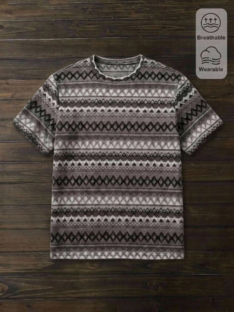 HIMLAND Men's Vacation Fashion Colorblock Diamond Pattern Crew Neck Short Sleeve Slightly Stretchy Knit T-Shirt Vacation Grey Summer 80s Casual - Grey - View 1