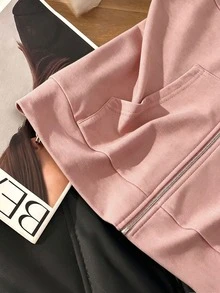 Resyla Women's Solid Color Drawstring Hooded Zip-Up Casual Versatile Daily Wear Sweatshirt - Pink - View 4