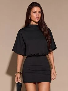 SHEIN BAE Autumn/Winter Solid Sexy Backless Short Sleeve Mini Knit Dress - Black - View 4