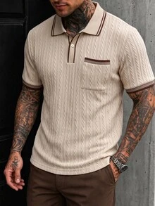 Manfinity CasualCool 男士條紋短袖休閒通勤 Polo 衫 - 卡其色 - 查看 1
