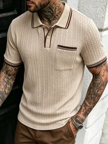 Manfinity CasualCool 男士條紋短袖休閒通勤 Polo 衫 - 卡其色 - 查看 5