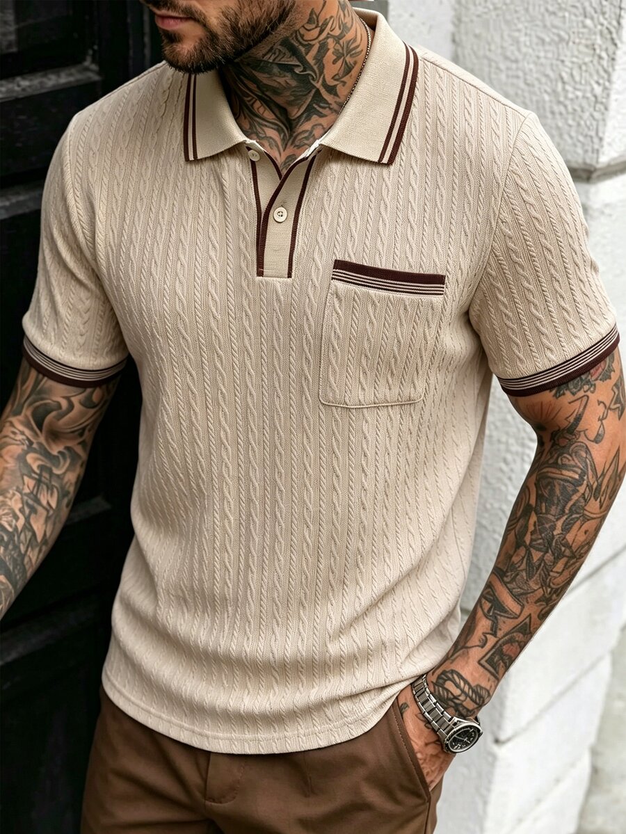 Manfinity CasualCool Kemeja Polo Kasual Lengan Pendek Bergaris untuk Pria - Khaki - View 1